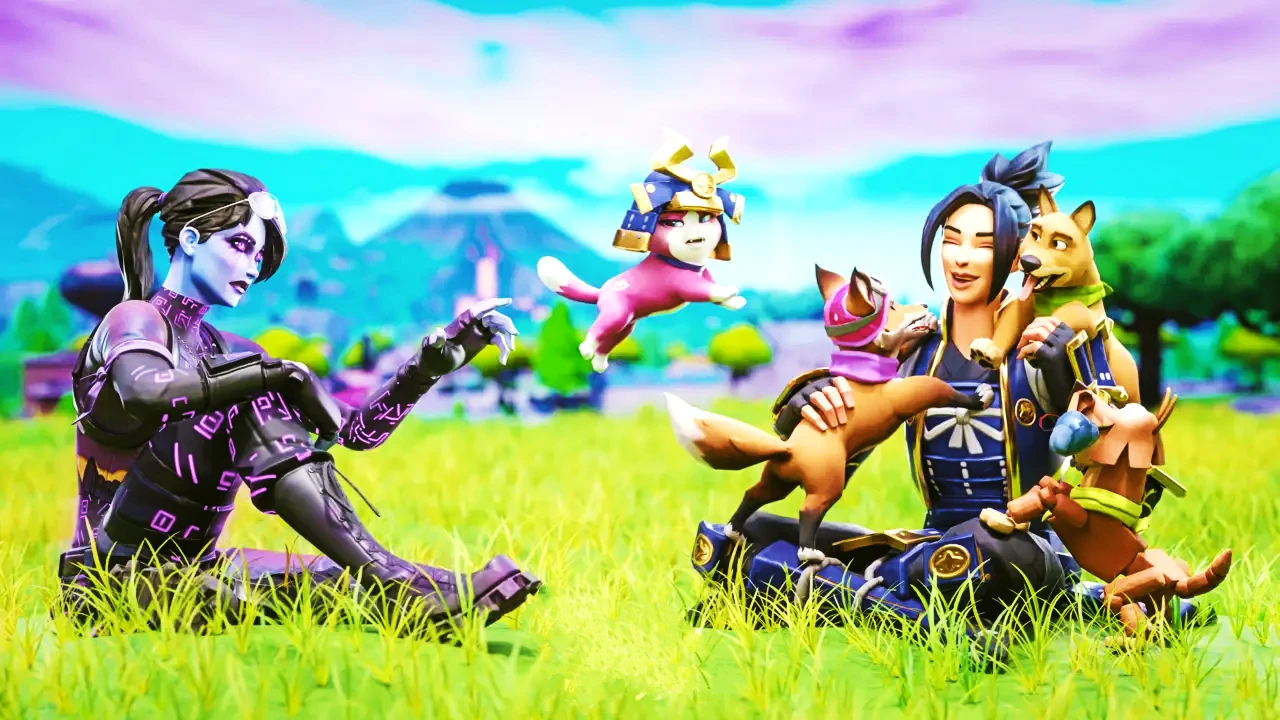 Two Fortnite characters and their pets relaxing on grass with vibrant colors, representing funny Fortnite names and personalities.