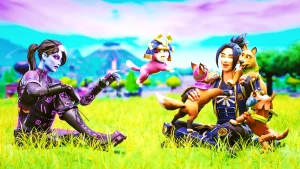 Fortnite characters playing with dogs in a field, capturing a lighthearted moment perfect for a Fortnite funny name inspiration.