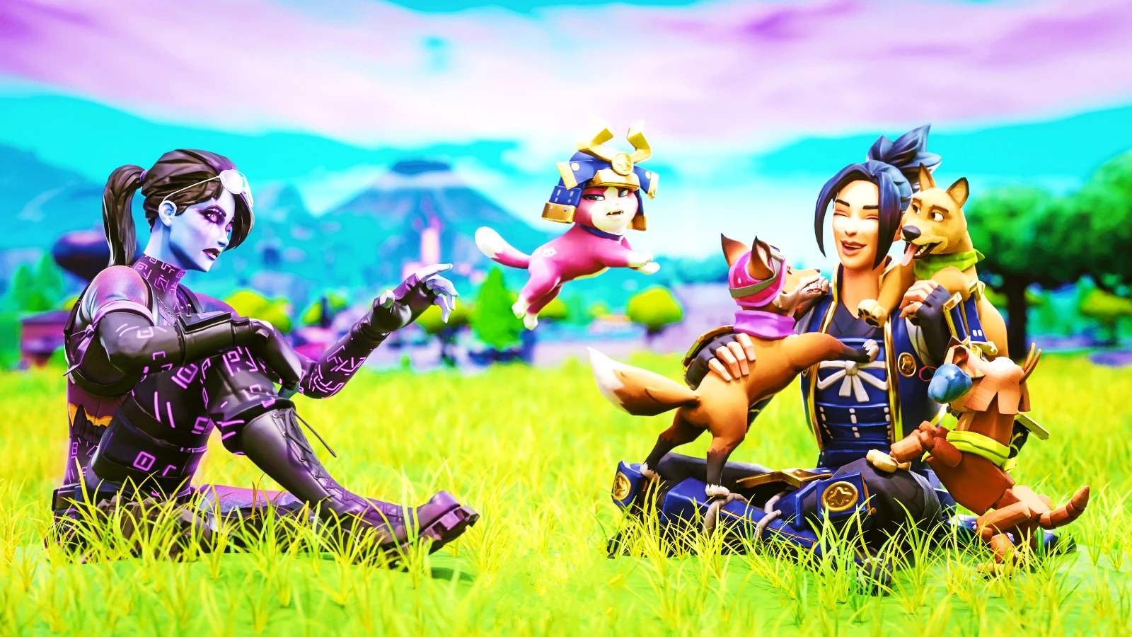 Fortnite Funny Name Inspiration – Lighthearted In-Game Moment Fortnite characters playing with dogs in a field, capturing a lighthearted moment perfect for a Fortnite funny name inspiration.