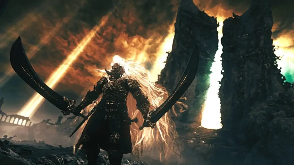 Epic image of Radahn wielding twin blades under a blazing sky, featured among Elden Ring DLC bosses with Miquella's influence looming.