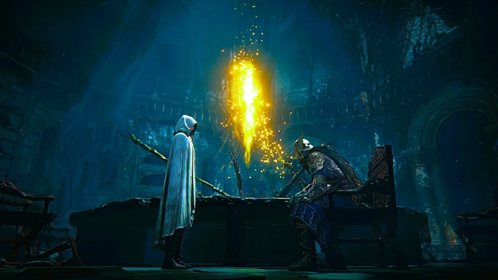 Gaming quote moment in Elden Ring showing Ranni’s council scene, where Tarnished allies meet beneath a glowing sigil
