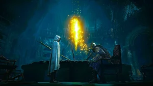 Gaming quote moment in Elden Ring showing Ranni’s council scene, where Tarnished allies meet beneath a glowing sigil