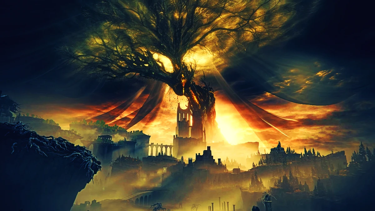 The Erdtree burns above a ruined city in Elden Ring: Shadow of the Erdtree
