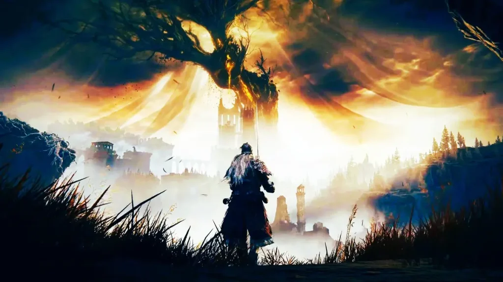 Elden Ring Shadow of the Erdtree scene showing the Tarnished warrior standing before a glowing, corrupted Erdtree and ancient ruins in a misty fantasy landscape.