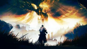 Elden Ring Shadow of the Erdtree scene showing the Tarnished warrior standing before a glowing, corrupted Erdtree and ancient ruins in a misty fantasy landscape.