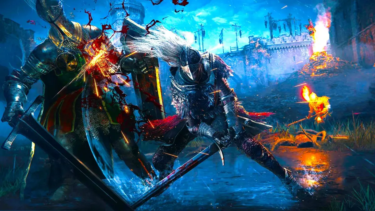 Elden Ring Hero Image – The Tarnished vs Knight in Stormveil Battle Epic Elden Ring battle scene showing the Tarnished slicing through a knight in a fiery, stormy castle courtyard.