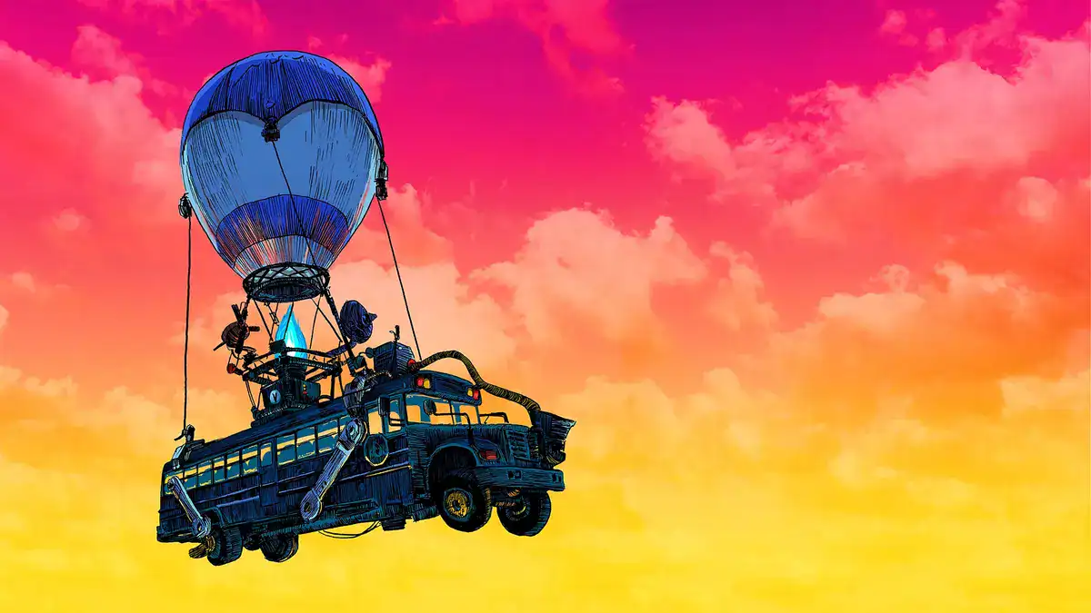 Fortnite Battle Bus in Stylized Sky Illustrated Fortnite Battle Bus floating in a colorful sky, symbolizing the creative spirit behind unique gaming nicknames.