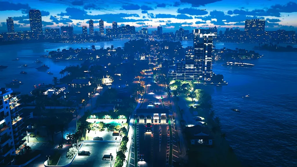 Nighttime view of Vice City in GTA 6 gameplay, showcasing traffic, skyline lighting, and urban immersion.