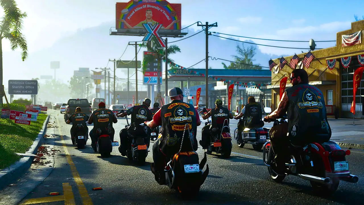 Biker gang riding through Ambrosia in a GTA 6 gameplay scene
