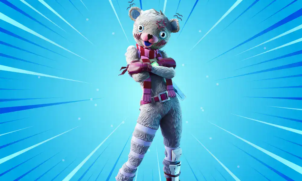 Bundles Fortnite skin posing cutely in a fuzzy bear costume with a stitched face and a winter scarf.