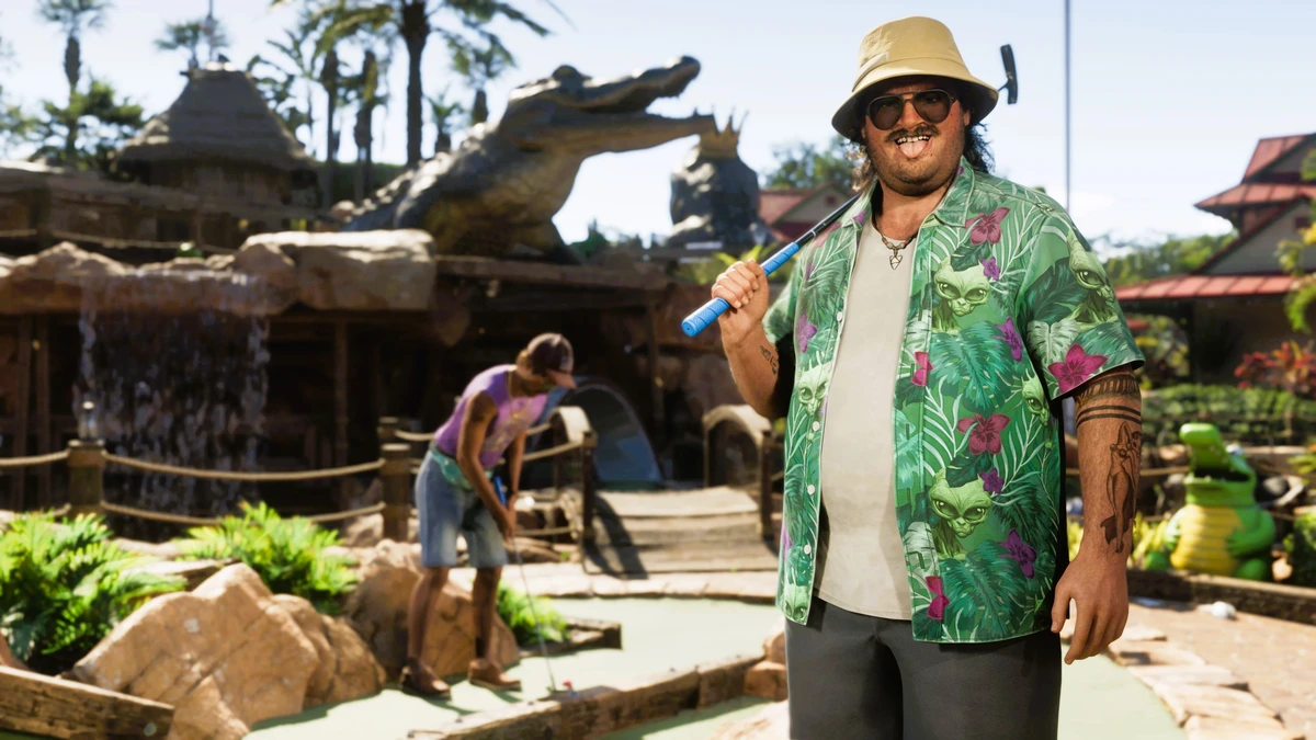 GTA 6 character posing with a golf club in a tropical mini golf course setting.