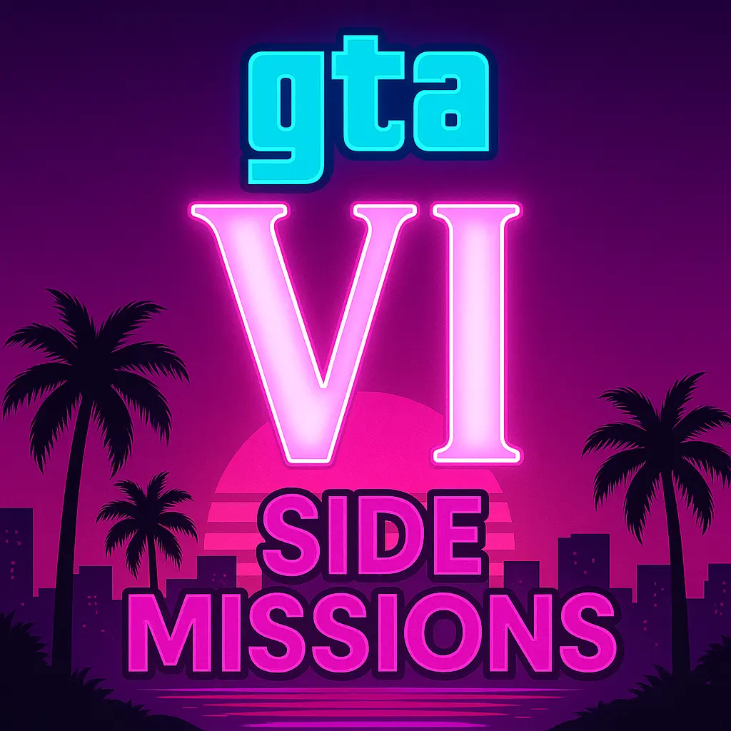 Neon artwork of GTA 6 side missions featuring glowing Vice City background with palm trees and sunset.