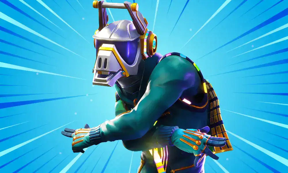 DJ Yonder striking a dance pose, glowing with neon flair among funny Fortnite skins.
