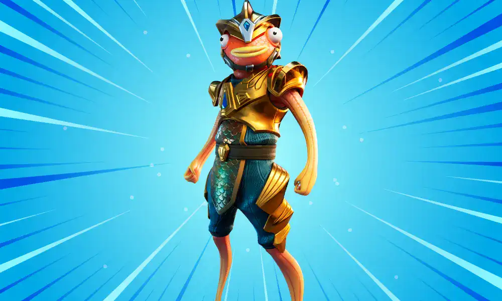Fishstick wearing shiny gold armor, standing proudly as one of the funniest Fortnite skins.