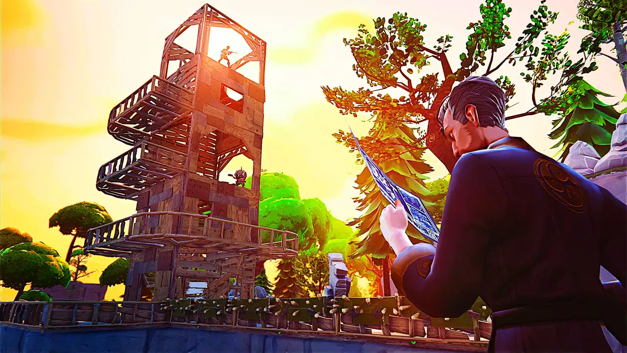 A Fortnite player building a wooden structure at sunset, highlighting the importance of optimal Fortnite settings for performance.