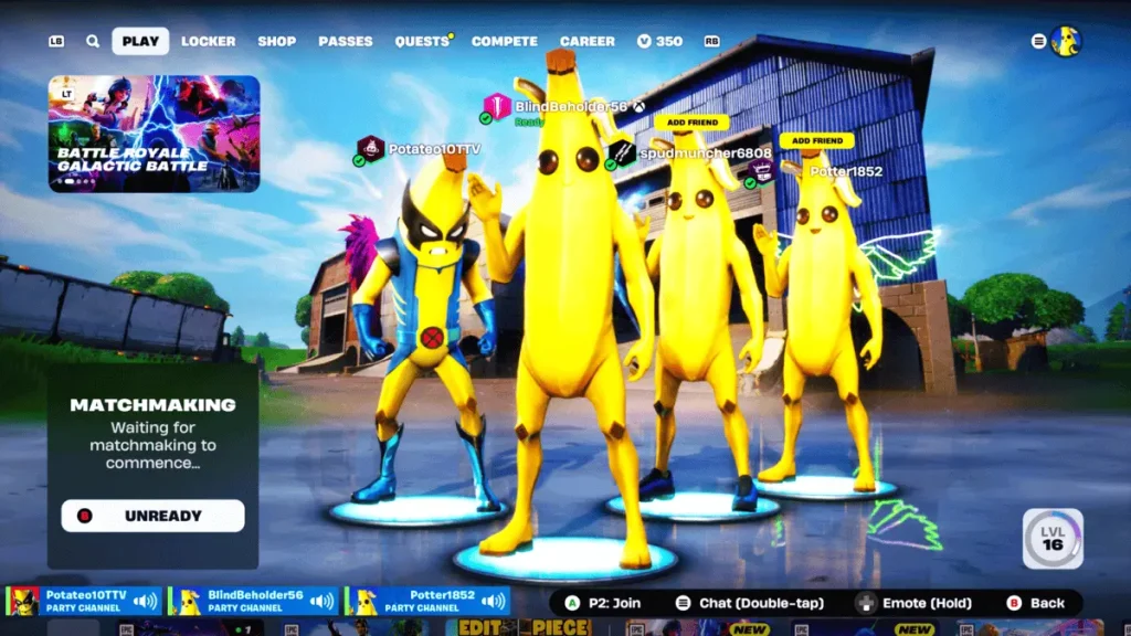 A squad of Fortnite players wearing banana skins, including a superhero-themed banana, posing in the lobby before a match.