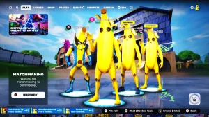 A squad of Fortnite players wearing banana skins, including a superhero-themed banana, posing in the lobby before a match.