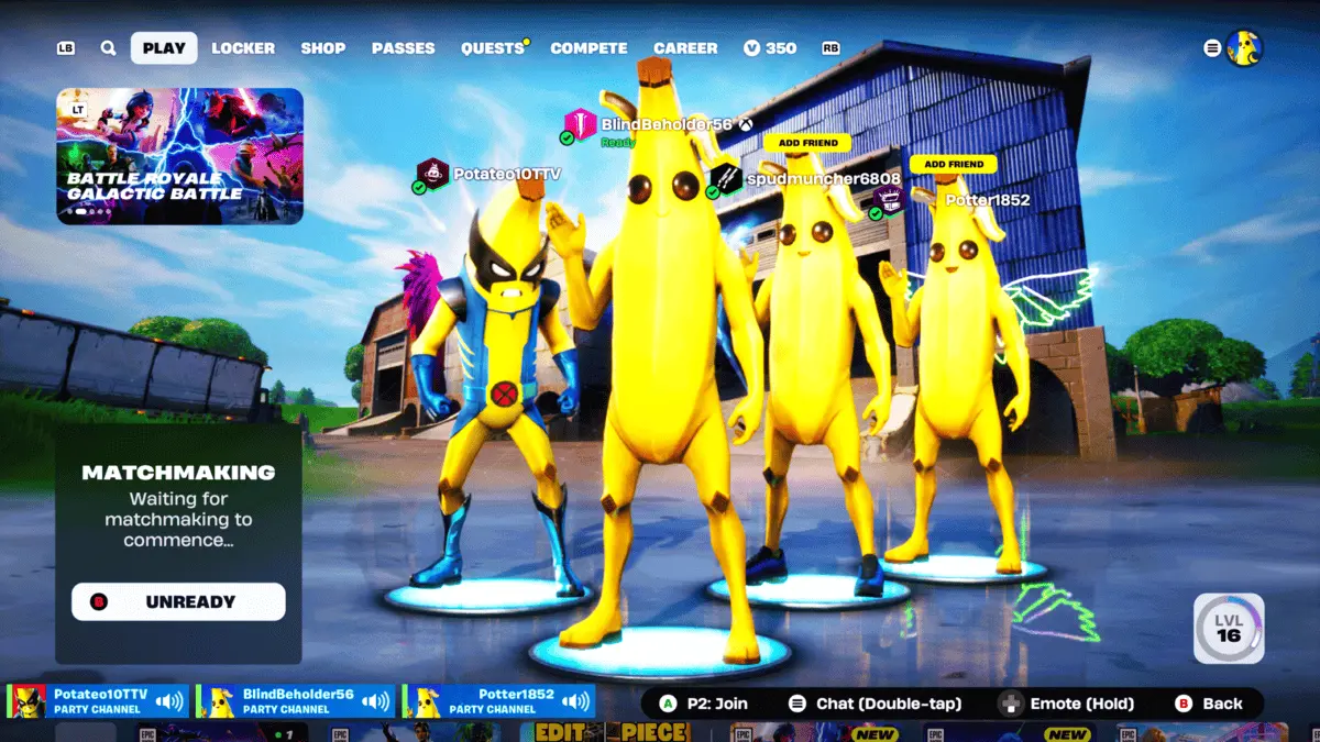 A squad of Fortnite players wearing banana skins, including a superhero-themed banana, posing in the lobby before a match.