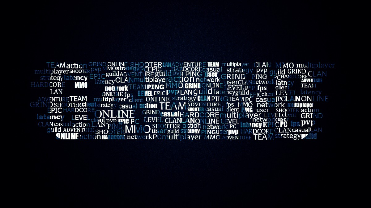 Gaming Nicknames Word Cloud – MMO, Clan, and Online Identity Dark digital word cloud with gaming terms like MMO, clan, online, and team, representing the theme of gaming nicknames.