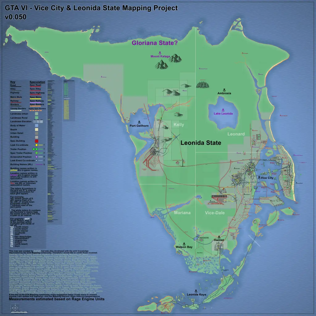 Speculative fan-made GTA 6 map showing Vice City, Leonida State, and surrounding regions based on trailer analysis and mapping project research.