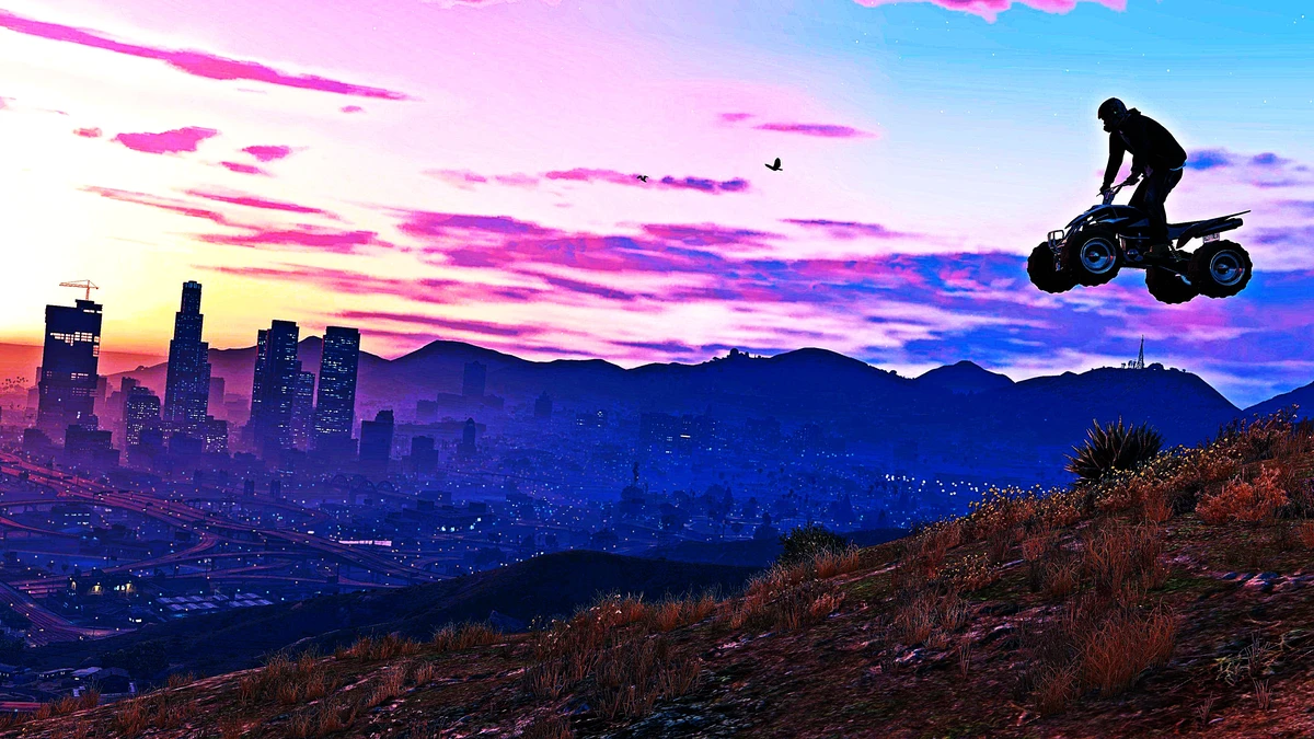 GTA 5 Sunset Jump A player on an ATV jumps over the city skyline in GTA 5 during sunset — a high-energy moment perfect for bold gaming nicknames.