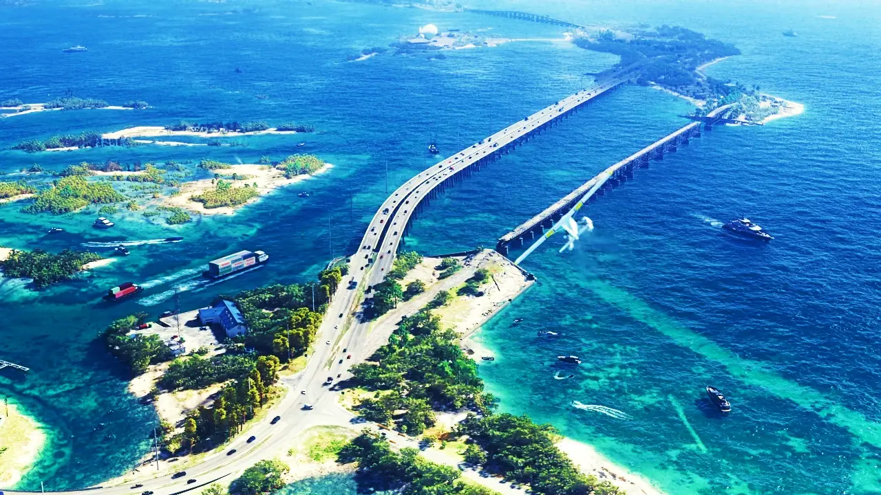 Aerial view of a coastal bridge and islands from the official GTA 6 map