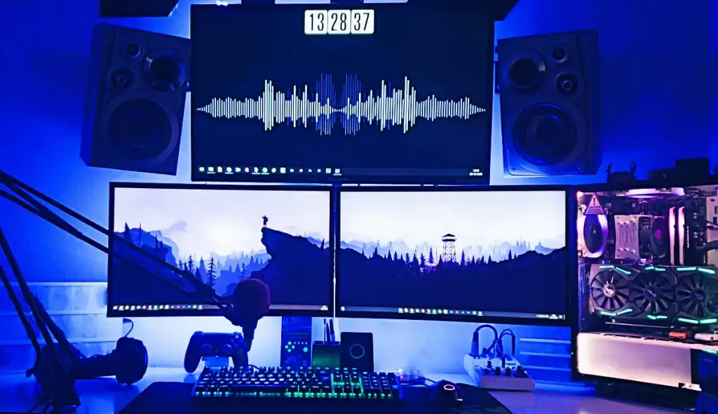 High-end gaming equipment setup with dual monitors, RGB keyboard, microphone, speakers, and a custom-built PC.