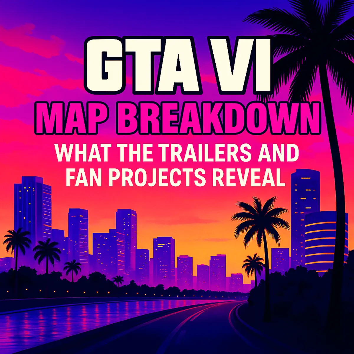 Stylized GTA 6 map breakdown graphic with a Vice City–inspired skyline and neon colors