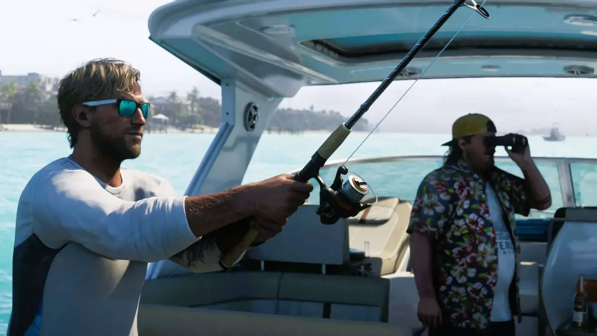 Jason fishing off a boat in GTA 6, enjoying outdoor activities in the waters of Leonida.