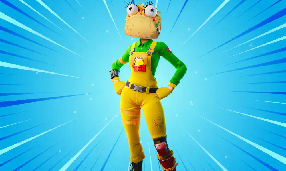 Lada Fortnite skin with a taco head and yellow outfit, posing confidently with a food-themed attitude.
