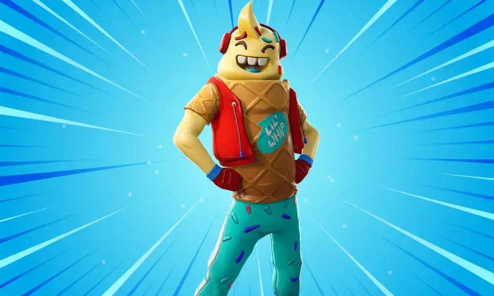 Lil Whip Fortnite skin dressed as a smiling ice cream cone in sprinkles and a waffle cone shirt.