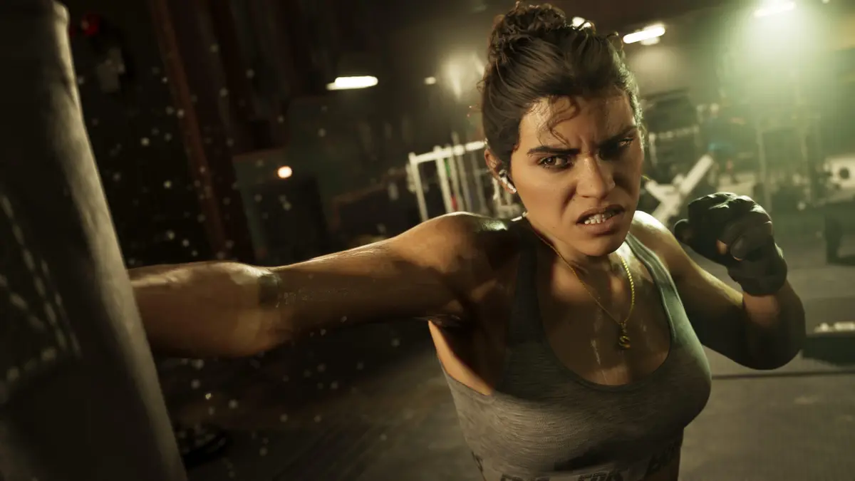 Lucia training intensely at the gym in GTA 6, showcasing raw determination and focus.