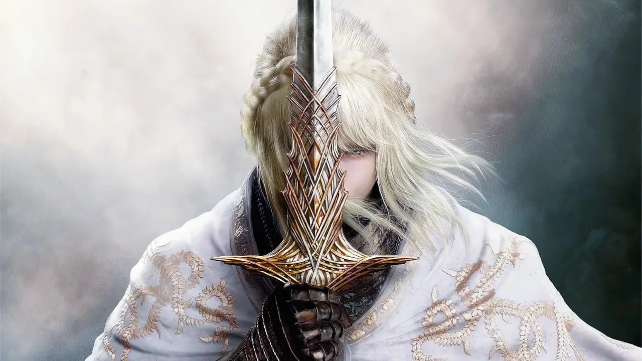 Miquella, one of the key Elden Ring DLC bosses, holding a detailed sword in Shadow of the Erdtree official artwork.