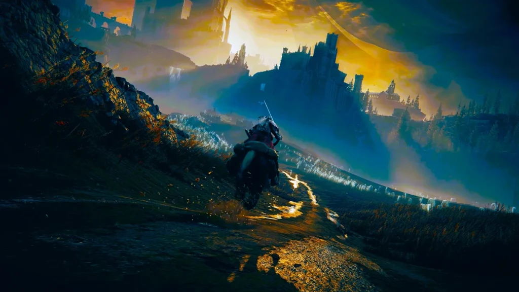 Tarnished riding Torrent toward a shadowy castle under an eclipsed sky in Elden Ring DLC