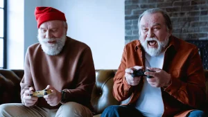 Two older men gaming with intense expressions, perfect visual for funny gaming nicknames.