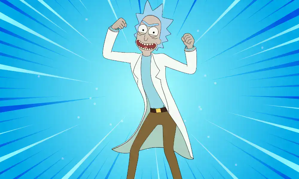 Rick Sanchez throwing up fists in cartoon-style chaos, one of the funniest Fortnite skins.