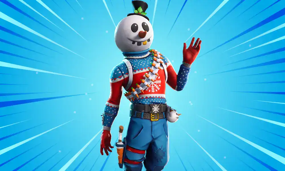Slushy Soldier wearing a snowman head and festive sweater, waving with holiday cheer in Fortnite.