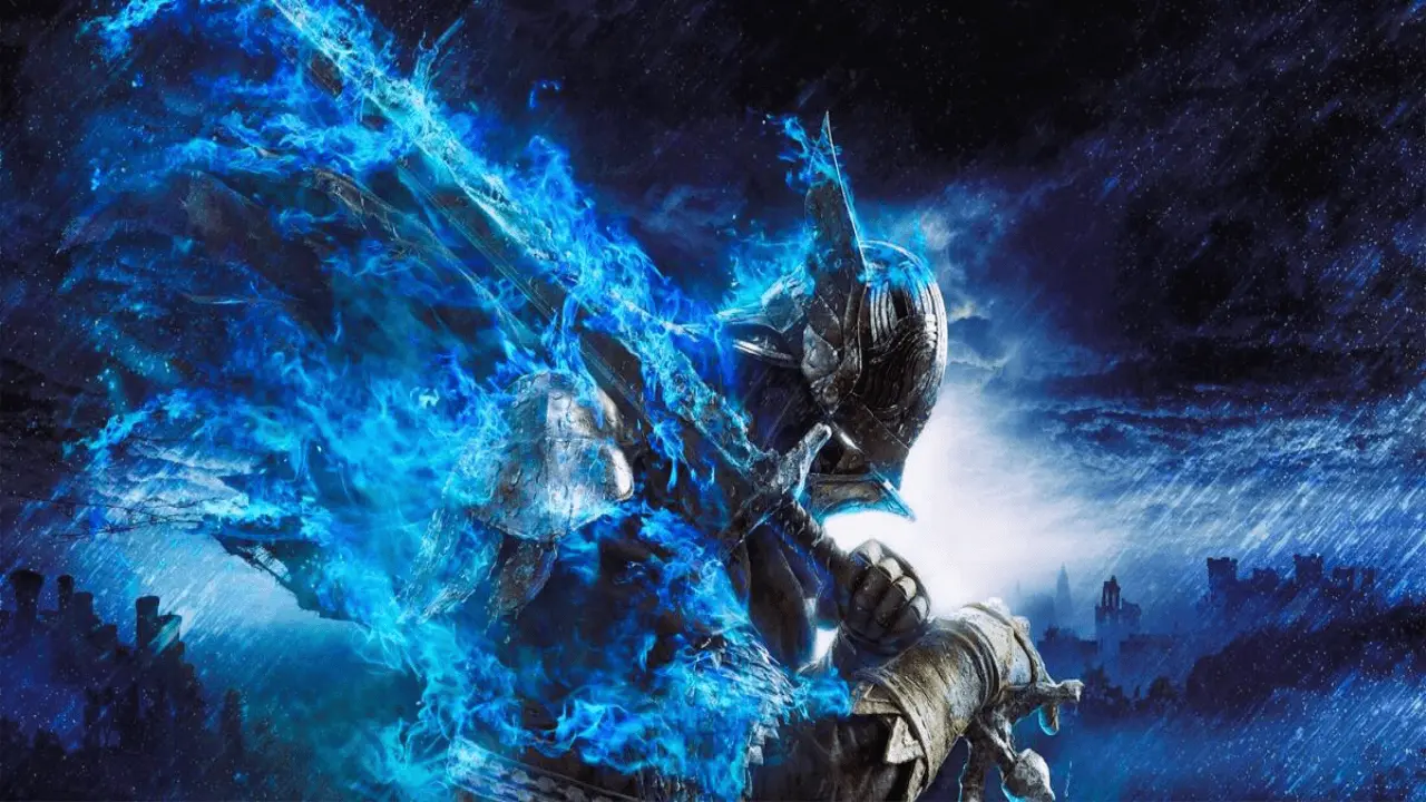 A warrior engulfed in blue flames wielding a greatsword, representing powerful Elden Ring DLC weapons in a dark fantasy setting.