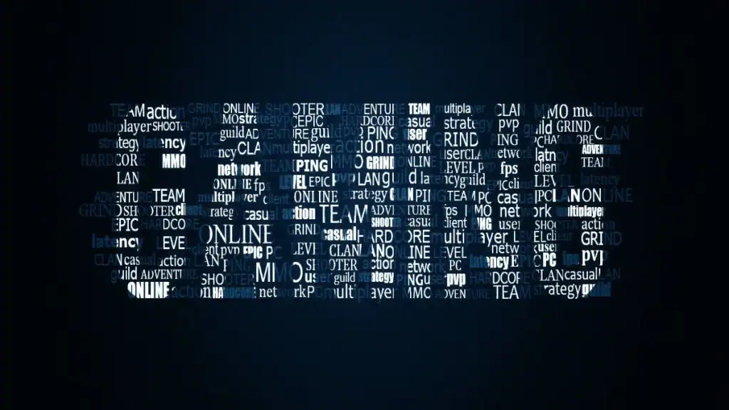 Gaming nicknames visual word art shaped like the word GAMING using terms like MMO, online, team, and multiplayer.