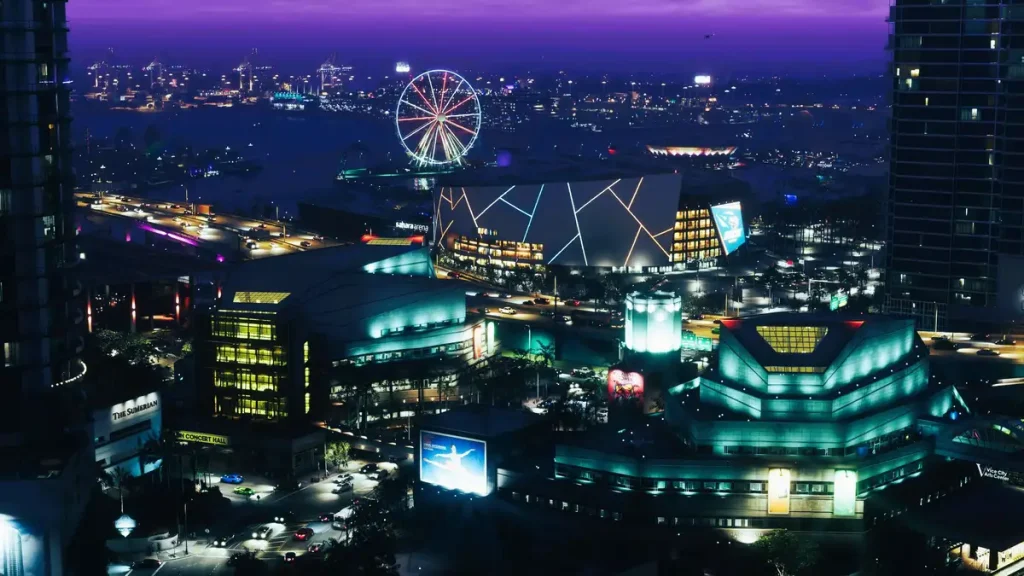 Official GTA 6 Vice City night scene with Sahara Arena and neon lights
Title: GTA 6 Vice City Night – Official Image by Rockstar