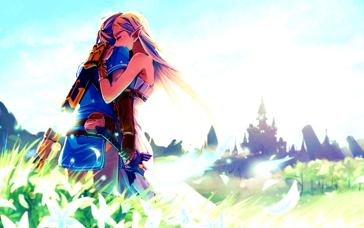 Link and Zelda Embrace Near Hyrule Castle – The Legend of Zelda Moment Link and Zelda share an emotional embrace in a field of flowers with Hyrule Castle in the background from The Legend of Zelda