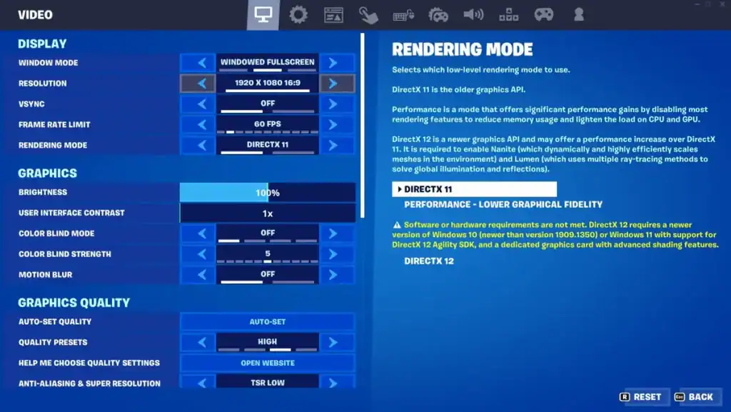 Screenshot of Fortnite settings menu showing display, rendering mode, and graphics options for optimizing performance.