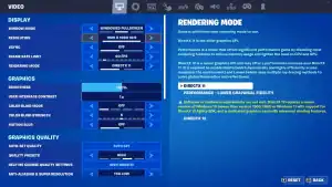 Screenshot of Fortnite settings menu showing display, rendering mode, and graphics options for optimizing performance.