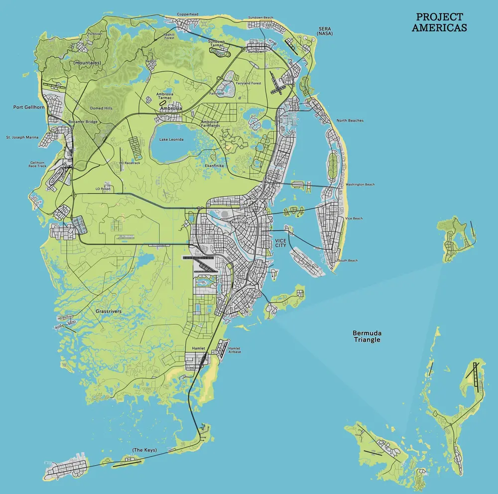 Fan-made Project Americas concept of the GTA 6 map, showing Vice City, swamps, islands, and the Bermuda Triangle.