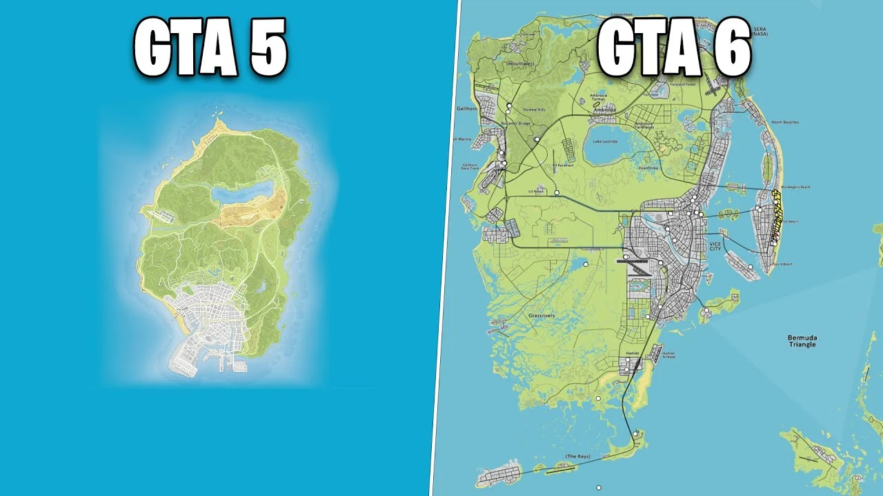 Side-by-side comparison of the GTA 5 map and the GTA 6 map fan concept showing scale and layout differences.