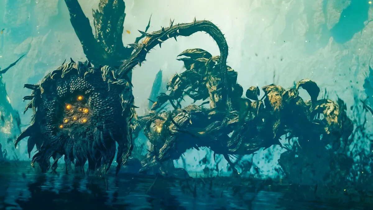 Scadutree Avatar, one of the Elden Ring DLC bosses, rising from the swamp in Shadow of the Erdtree