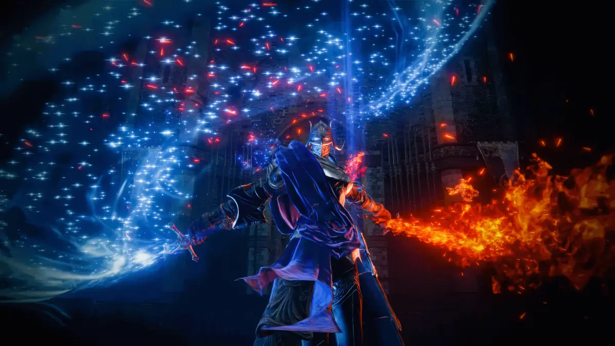 Rellana, one of the new Elden Ring DLC bosses, unleashing fire and starlight magic in Shadow of the Erdtree