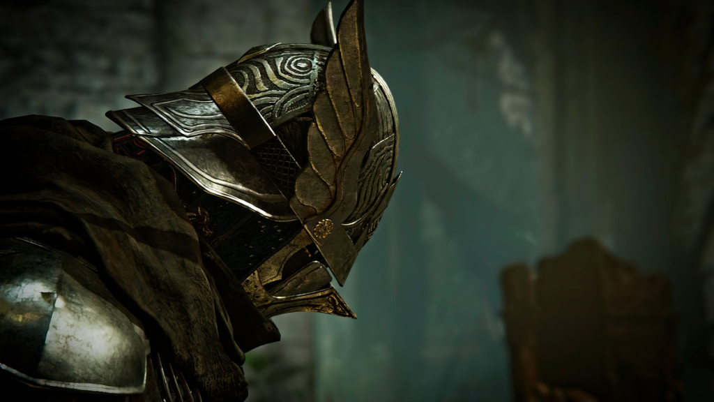 Close-up of a detailed Elden Ring DLC armor set with a winged helmet from Shadow of the Erdtree, shown in a dark, moody environment.