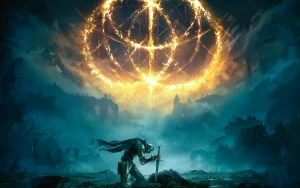 Tarnished knight kneeling with sword beneath the glowing Elden Ring rune in a ruined landscape