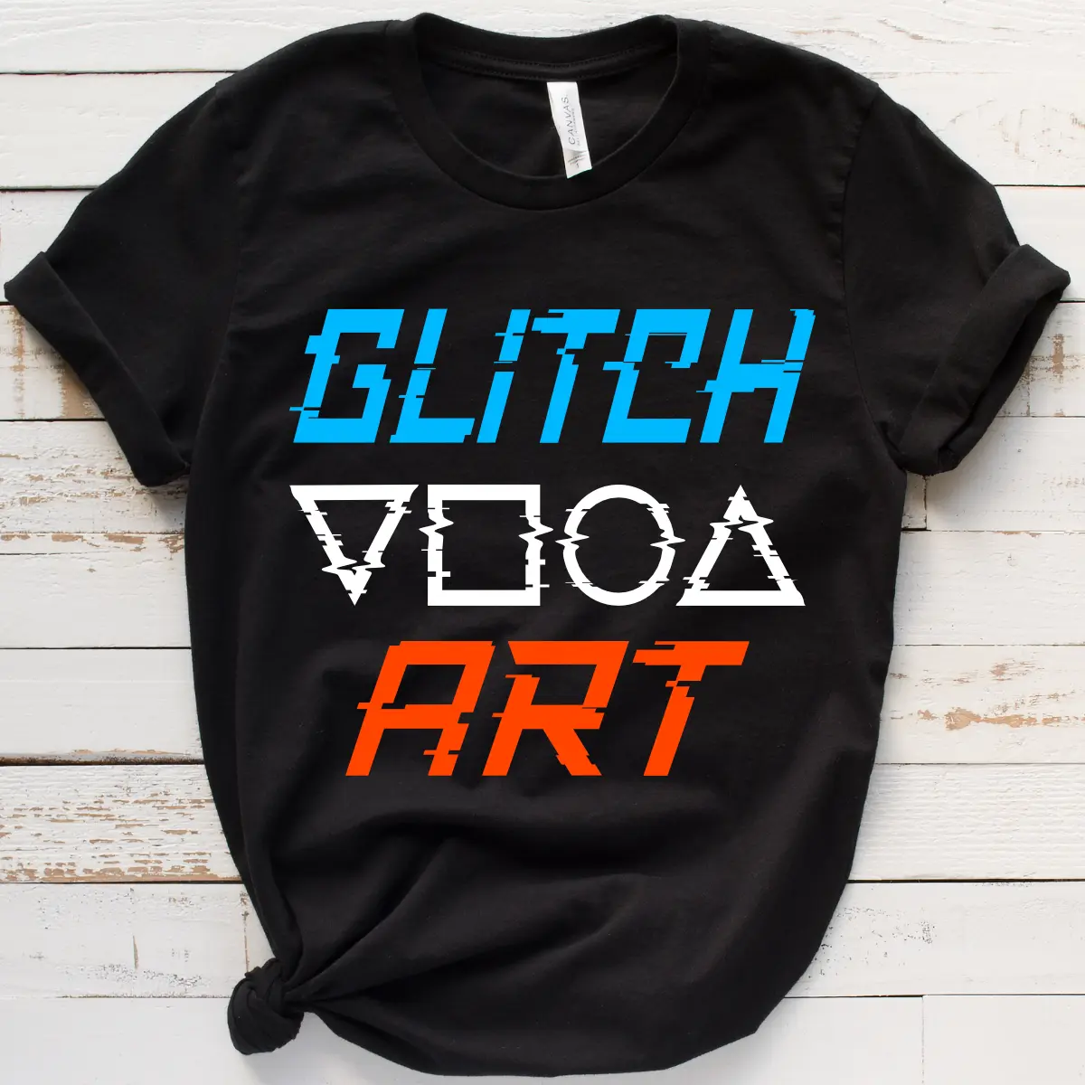 Glitch Art shirt with blue, white, and orange distorted text on black fabric